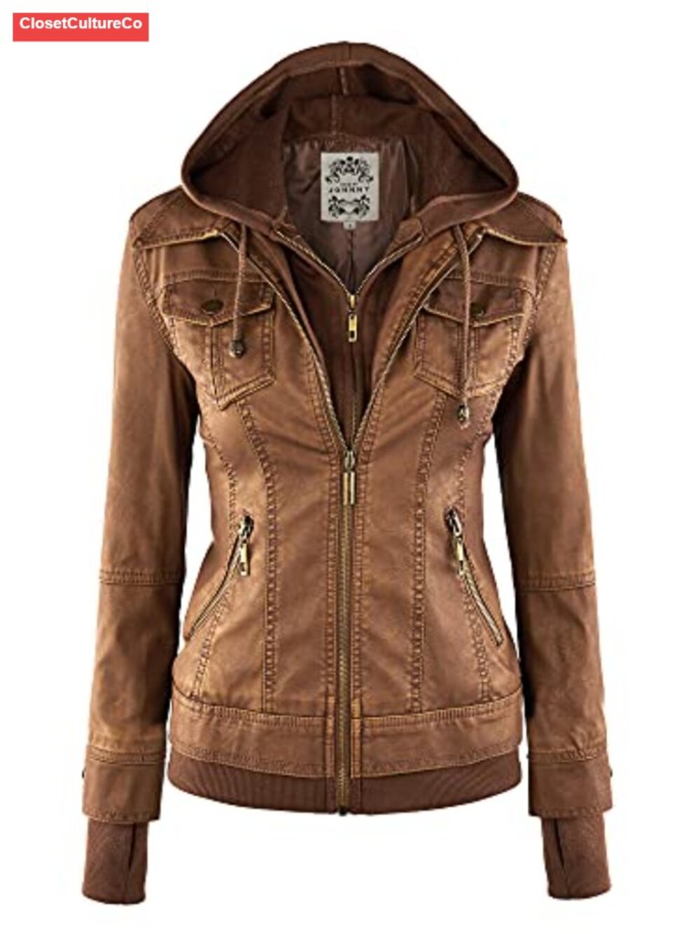 Faux Leather Jacket Women's Motorcycle Coat Removable Hood Biker